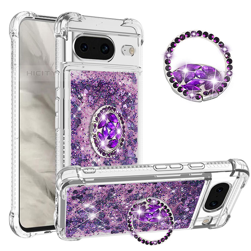 Funda Silicona Carcasa Goma Bling-Bling con Anillo de dedo Soporte S01 para Google Pixel 8 5G Morado