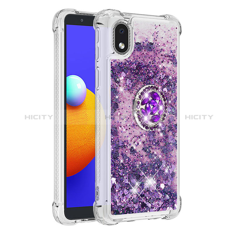 Funda Silicona Carcasa Goma Bling-Bling con Anillo de dedo Soporte S01 para Samsung Galaxy A01 Core Morado