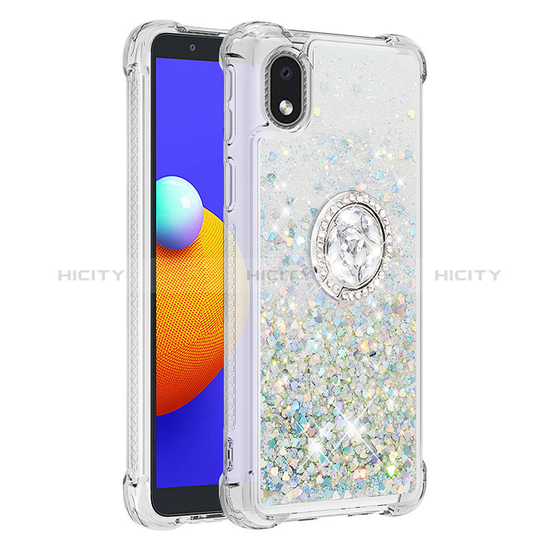 Funda Silicona Carcasa Goma Bling-Bling con Anillo de dedo Soporte S01 para Samsung Galaxy A01 Core Plata