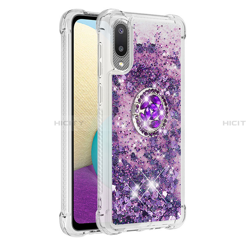 Funda Silicona Carcasa Goma Bling-Bling con Anillo de dedo Soporte S01 para Samsung Galaxy A02 Morado