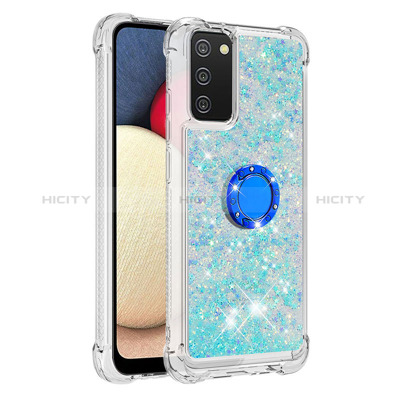 Funda Silicona Carcasa Goma Bling-Bling con Anillo de dedo Soporte S01 para Samsung Galaxy A02s Cian