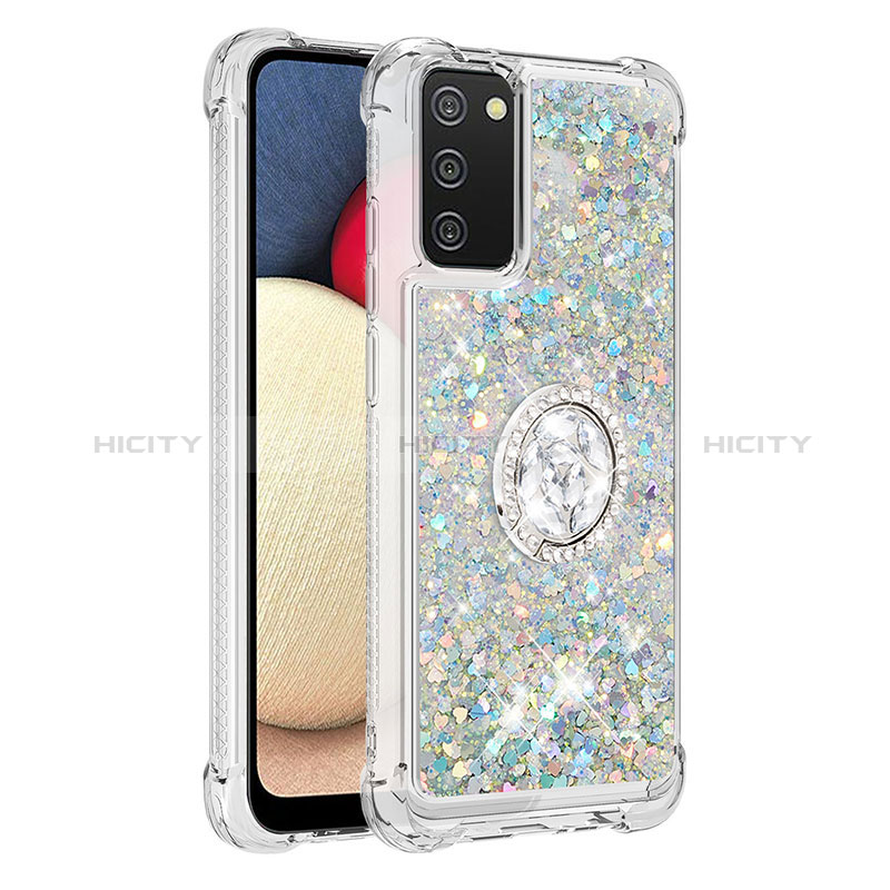 Funda Silicona Carcasa Goma Bling-Bling con Anillo de dedo Soporte S01 para Samsung Galaxy A02s Plata