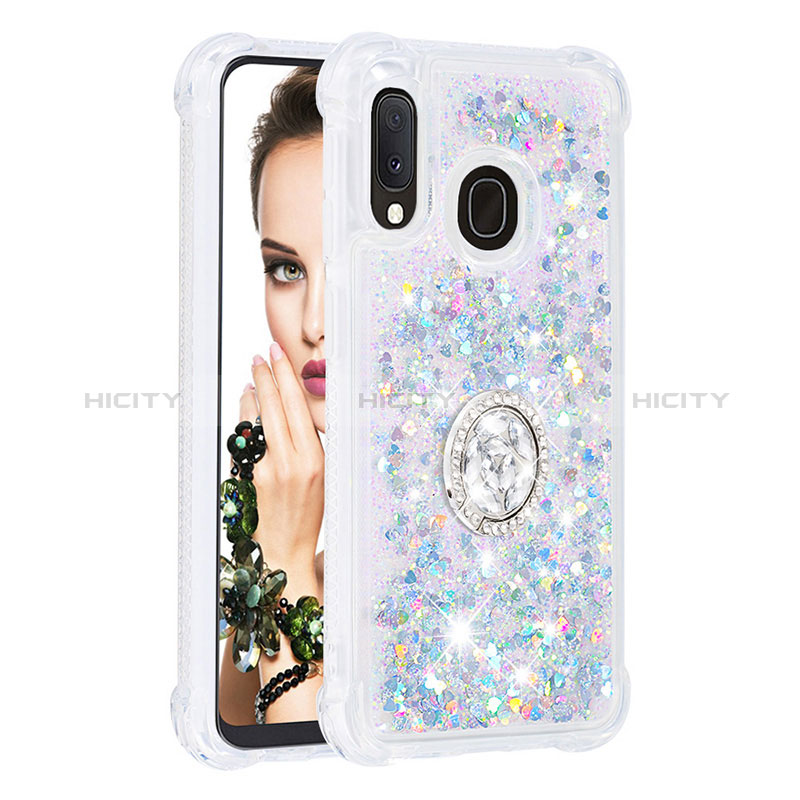 Funda Silicona Carcasa Goma Bling-Bling con Anillo de dedo Soporte S01 para Samsung Galaxy A20e Plata