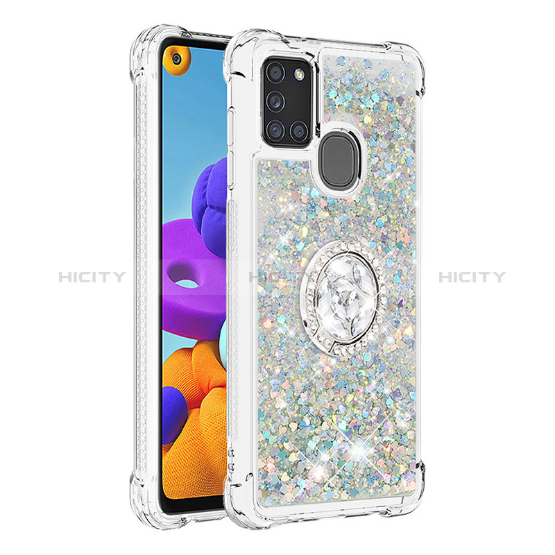 Funda Silicona Carcasa Goma Bling-Bling con Anillo de dedo Soporte S01 para Samsung Galaxy A21s Plata