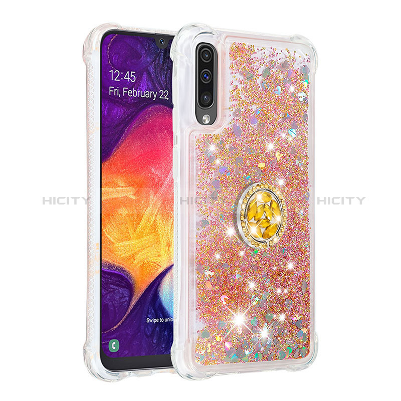 Funda Silicona Carcasa Goma Bling-Bling con Anillo de dedo Soporte S01 para Samsung Galaxy A30S Oro