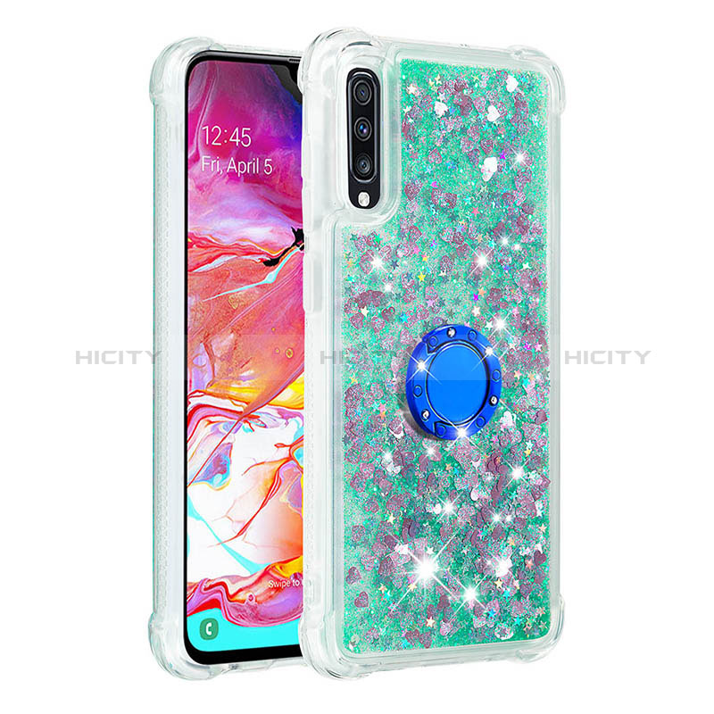 Funda Silicona Carcasa Goma Bling-Bling con Anillo de dedo Soporte S01 para Samsung Galaxy A70 Verde