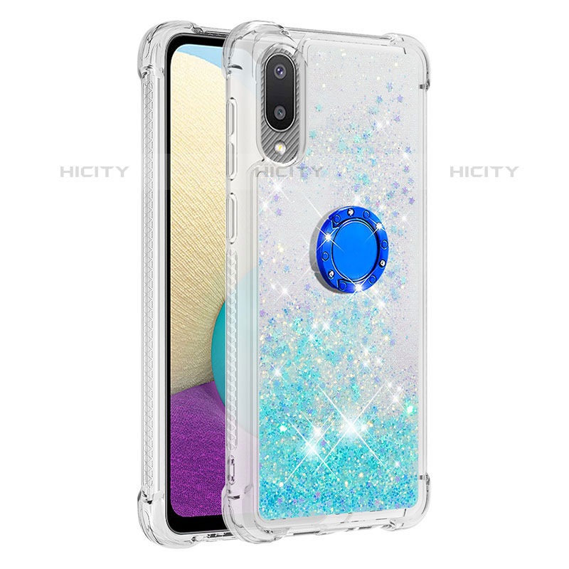 Funda Silicona Carcasa Goma Bling-Bling con Anillo de dedo Soporte S01 para Samsung Galaxy M02 Cian