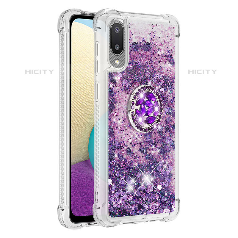 Funda Silicona Carcasa Goma Bling-Bling con Anillo de dedo Soporte S01 para Samsung Galaxy M02 Morado