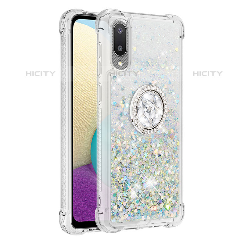 Funda Silicona Carcasa Goma Bling-Bling con Anillo de dedo Soporte S01 para Samsung Galaxy M02 Plata