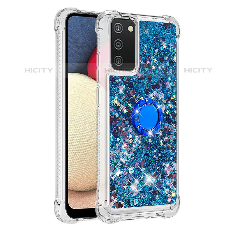 Funda Silicona Carcasa Goma Bling-Bling con Anillo de dedo Soporte S01 para Samsung Galaxy M02s Azul