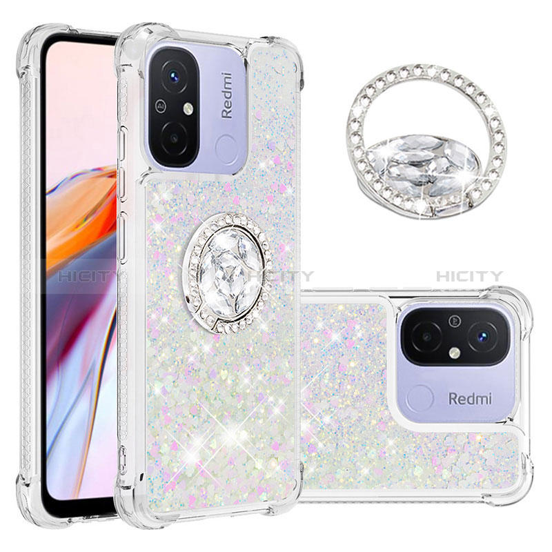 Funda Silicona Carcasa Goma Bling-Bling con Anillo de dedo Soporte S01 para Xiaomi Poco C55 Plata