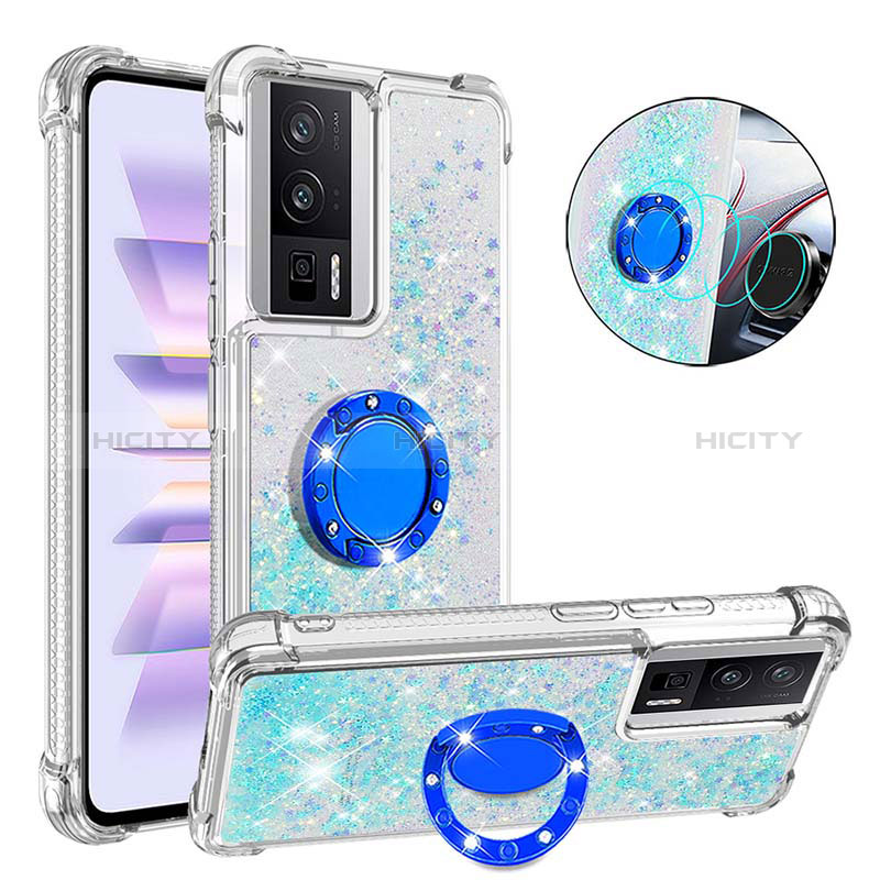 Funda Silicona Carcasa Goma Bling-Bling con Anillo de dedo Soporte S01 para Xiaomi Poco F5 Pro 5G Azul Claro