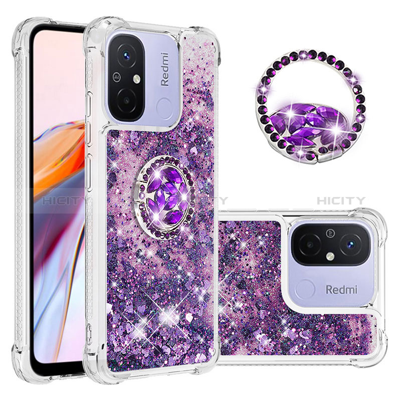 Funda Silicona Carcasa Goma Bling-Bling con Anillo de dedo Soporte S01 para Xiaomi Redmi 11A 4G Morado