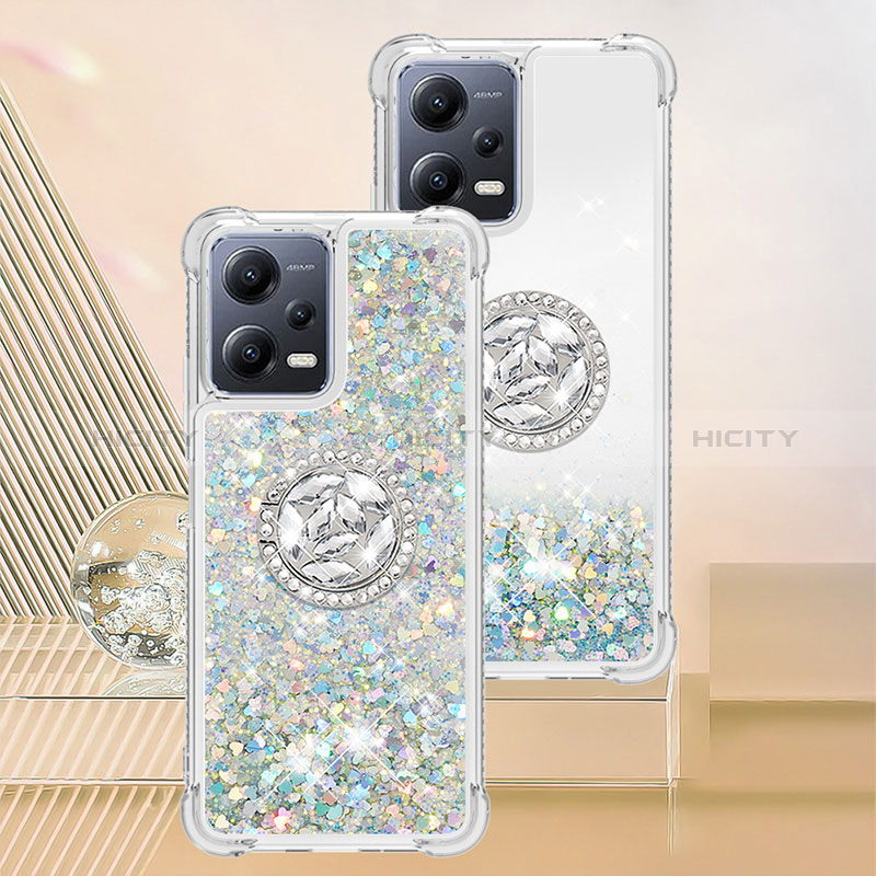 Funda Silicona Carcasa Goma Bling-Bling con Anillo de dedo Soporte S01 para Xiaomi Redmi Note 12 5G Plata