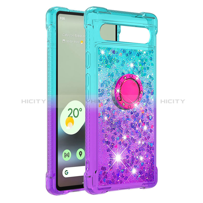 Funda Silicona Carcasa Goma Bling-Bling con Anillo de dedo Soporte S02 para Google Pixel 7a 5G Azul Cielo