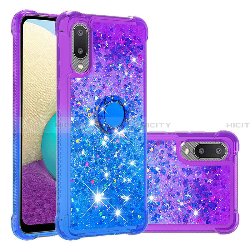 Funda Silicona Carcasa Goma Bling-Bling con Anillo de dedo Soporte S02 para Samsung Galaxy A02 Morado