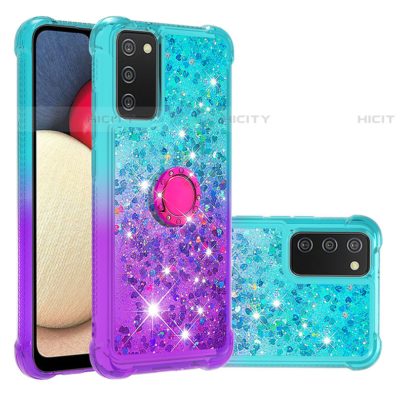 Funda Silicona Carcasa Goma Bling-Bling con Anillo de dedo Soporte S02 para Samsung Galaxy A03s Azul Cielo