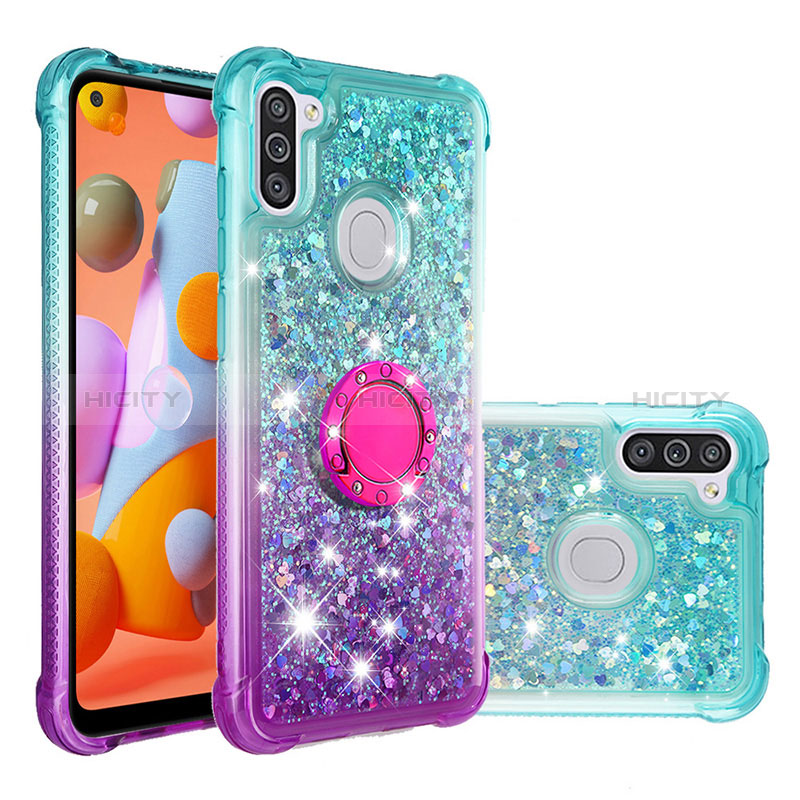 Funda Silicona Carcasa Goma Bling-Bling con Anillo de dedo Soporte S02 para Samsung Galaxy A11 Azul Cielo