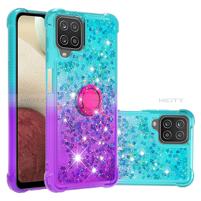 Funda Silicona Carcasa Goma Bling-Bling con Anillo de dedo Soporte S02 para Samsung Galaxy A12 Azul Cielo