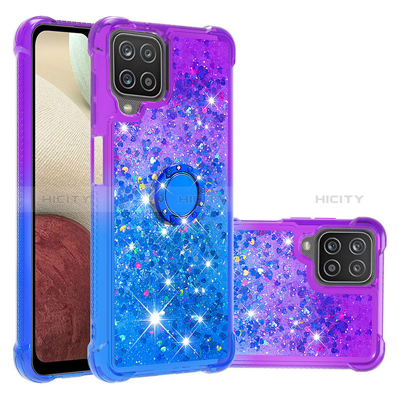 Funda Silicona Carcasa Goma Bling-Bling con Anillo de dedo Soporte S02 para Samsung Galaxy A12 Morado