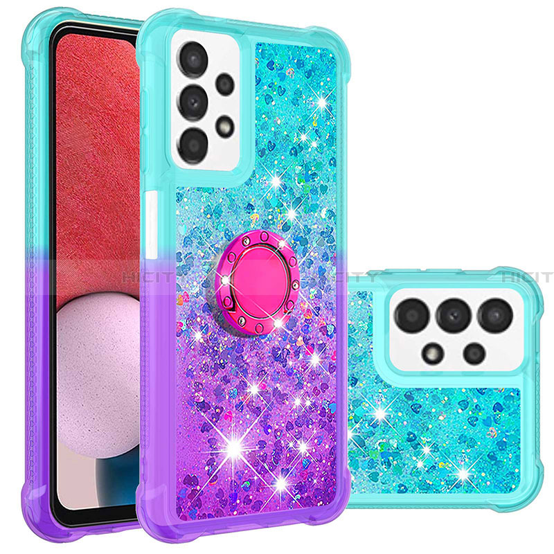 Funda Silicona Carcasa Goma Bling-Bling con Anillo de dedo Soporte S02 para Samsung Galaxy A13 4G Azul Cielo