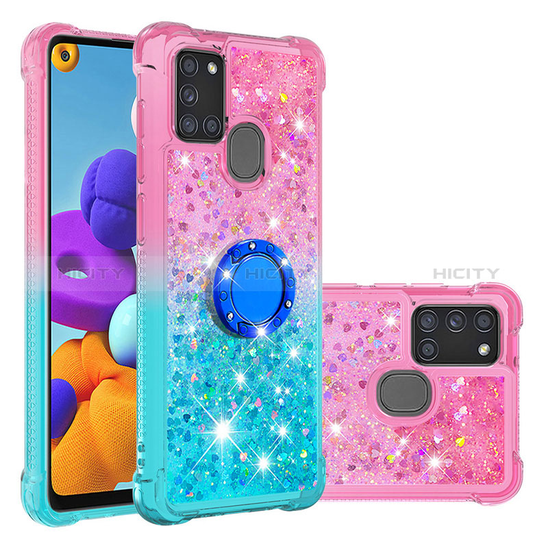 Funda Silicona Carcasa Goma Bling-Bling con Anillo de dedo Soporte S02 para Samsung Galaxy A21s Rosa