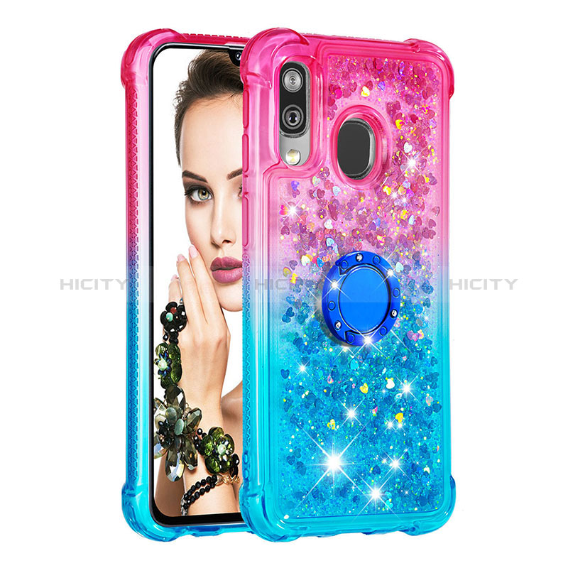 Funda Silicona Carcasa Goma Bling-Bling con Anillo de dedo Soporte S02 para Samsung Galaxy A40 Rosa