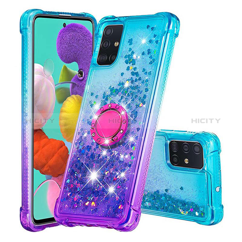 Funda Silicona Carcasa Goma Bling-Bling con Anillo de dedo Soporte S02 para Samsung Galaxy A51 4G Azul Cielo