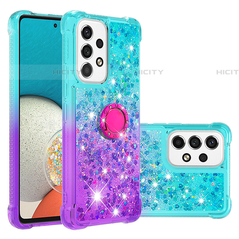 Funda Silicona Carcasa Goma Bling-Bling con Anillo de dedo Soporte S02 para Samsung Galaxy A53 5G Azul Cielo