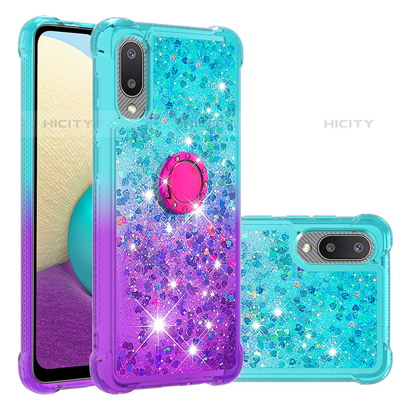 Funda Silicona Carcasa Goma Bling-Bling con Anillo de dedo Soporte S02 para Samsung Galaxy M02 Azul Cielo