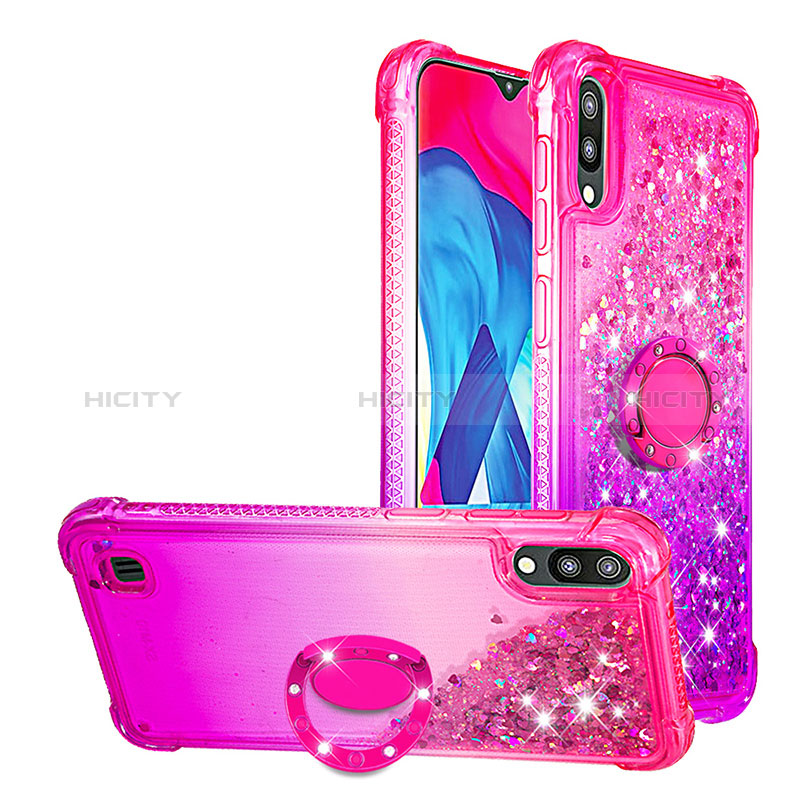 Funda Silicona Carcasa Goma Bling-Bling con Anillo de dedo Soporte S02 para Samsung Galaxy M10 Rosa Roja