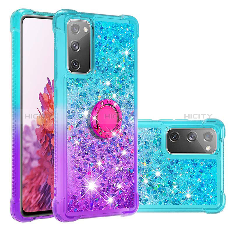 Funda Silicona Carcasa Goma Bling-Bling con Anillo de dedo Soporte S02 para Samsung Galaxy S20 FE (2022) 5G Azul Cielo