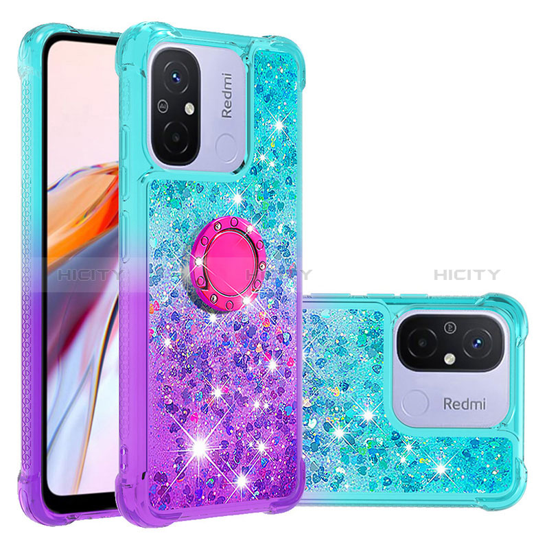 Funda Silicona Carcasa Goma Bling-Bling con Anillo de dedo Soporte S02 para Xiaomi Poco C55 Azul Cielo