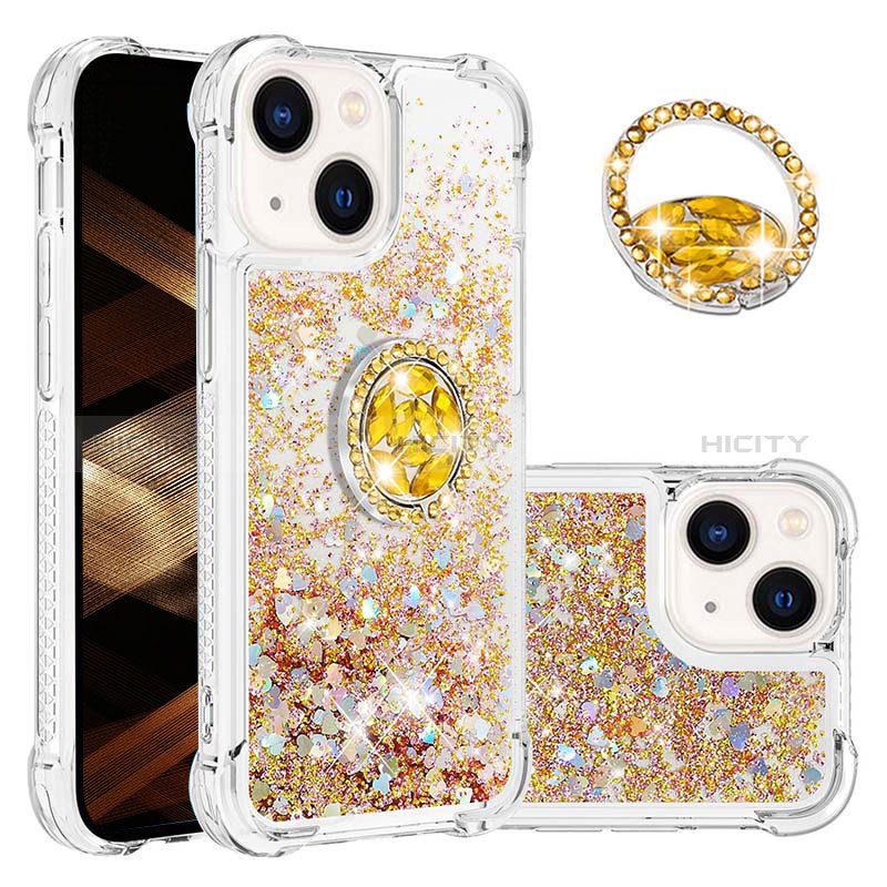 Funda Silicona Carcasa Goma Bling-Bling con Anillo de dedo Soporte S03 para Apple iPhone 14 Oro