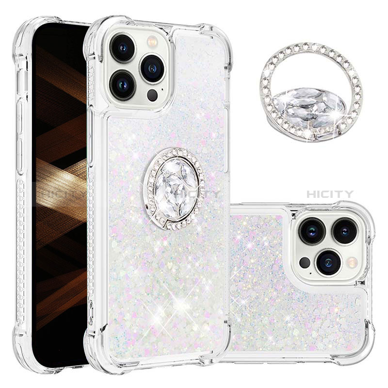 Funda Silicona Carcasa Goma Bling-Bling con Anillo de dedo Soporte S03 para Apple iPhone 14 Pro Max Plata