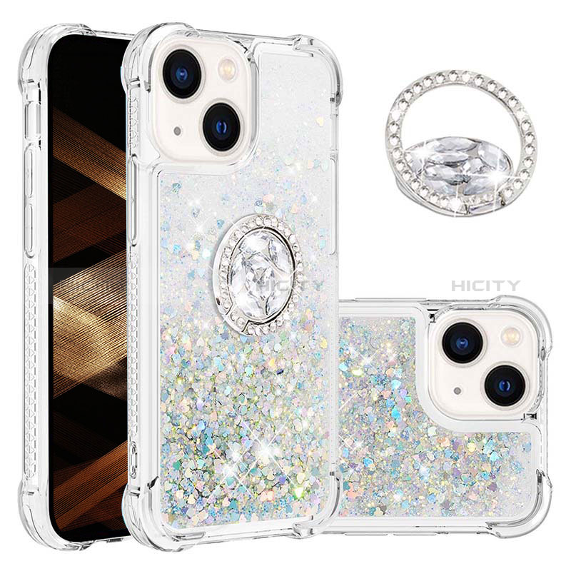 Funda Silicona Carcasa Goma Bling-Bling con Anillo de dedo Soporte S03 para Apple iPhone 15 Azul Claro