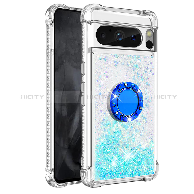 Funda Silicona Carcasa Goma Bling-Bling con Anillo de dedo Soporte S03 para Google Pixel 8 Pro 5G Azul Cielo