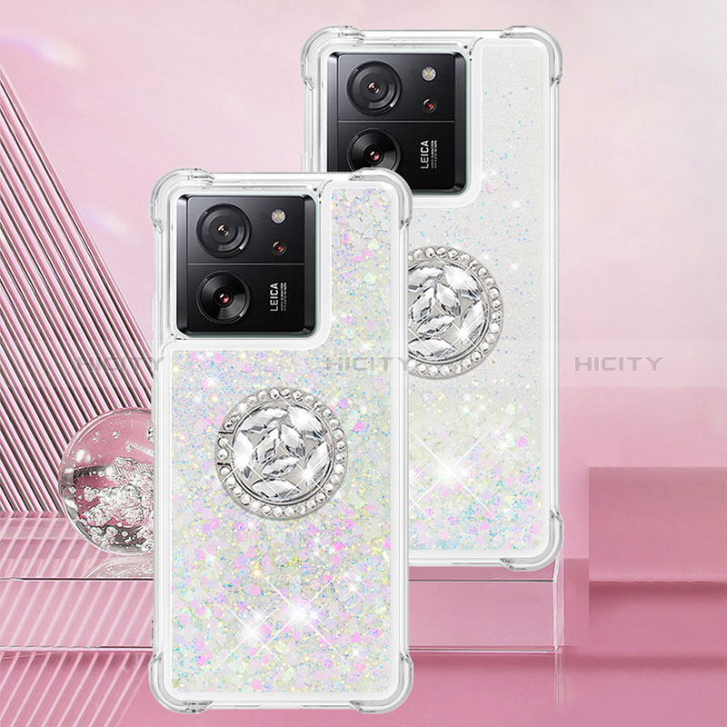 Funda Silicona Carcasa Goma Bling-Bling con Anillo de dedo Soporte YB1 para Xiaomi Mi 13T 5G Plata