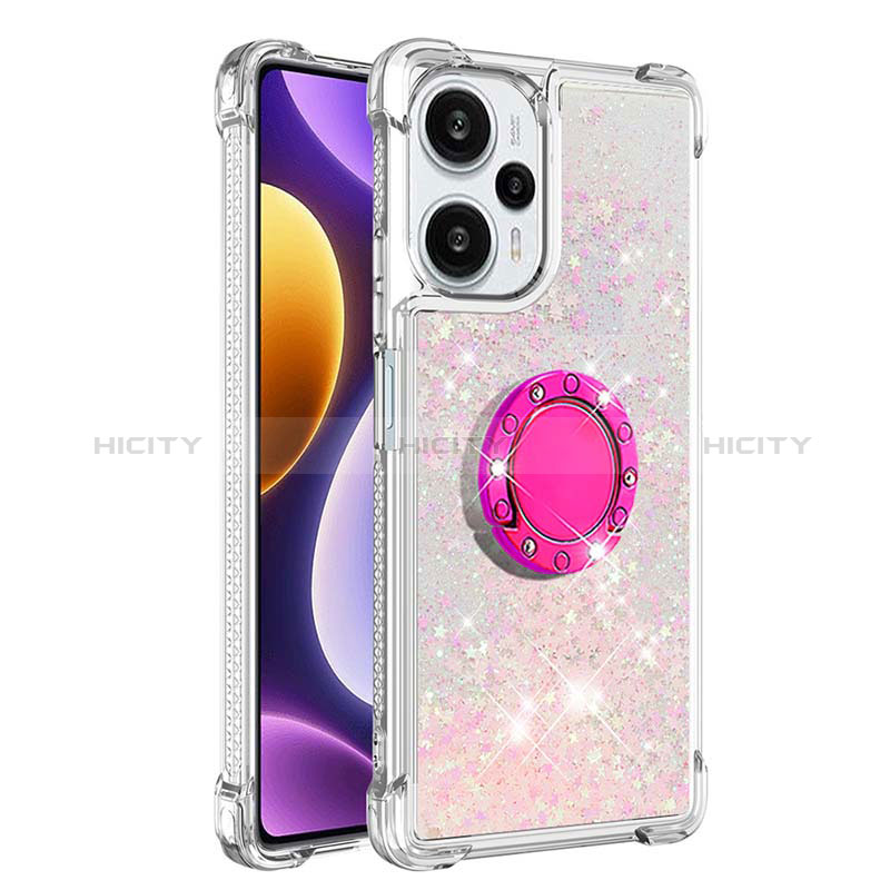 Funda Silicona Carcasa Goma Bling-Bling con Anillo de dedo Soporte YB1 para Xiaomi Poco F5 5G Rosa