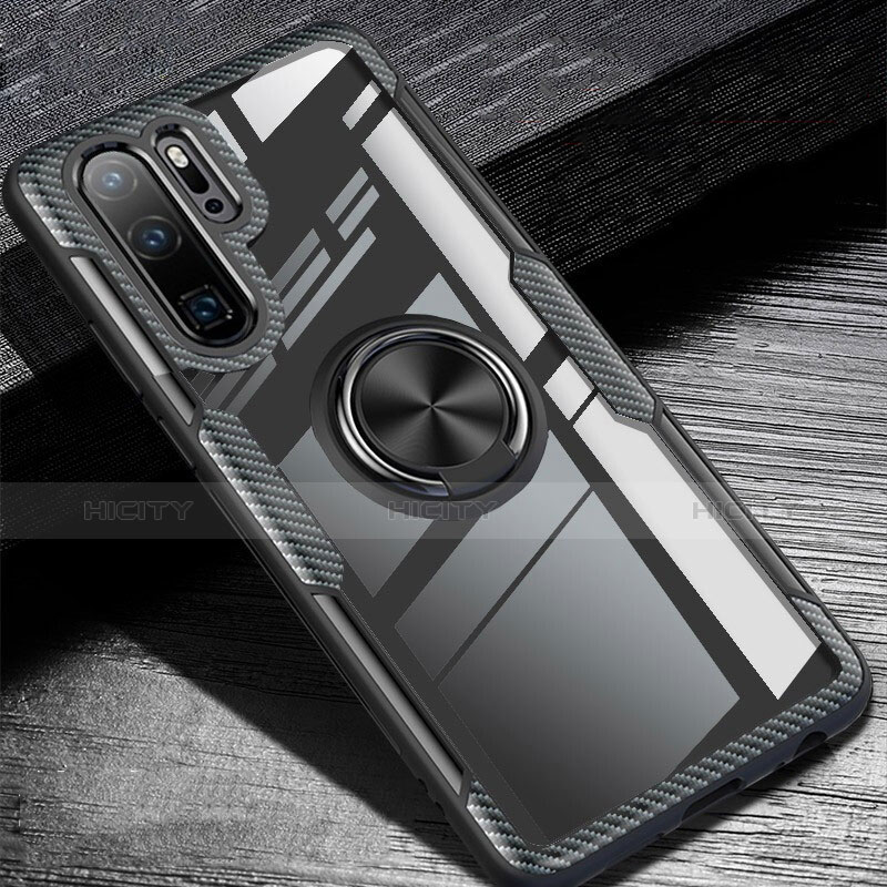 Funda Silicona Carcasa Ultrafina Goma con Magnetico Anillo de dedo Soporte A01 para Huawei P30 Pro Negro