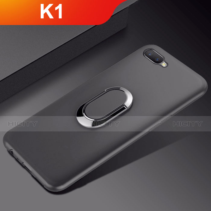 Funda Silicona Carcasa Ultrafina Goma con Magnetico Anillo de dedo Soporte A01 para Oppo K1 Negro