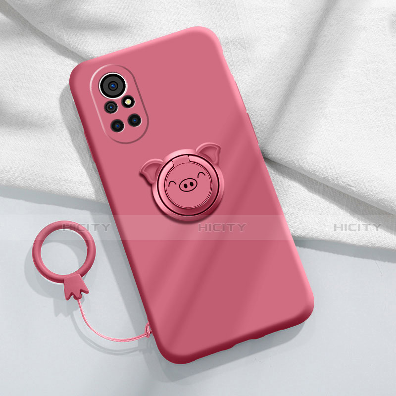 Funda Silicona Carcasa Ultrafina Goma con Magnetico Anillo de dedo Soporte A02 para Huawei Nova 8 5G Rojo Rosa