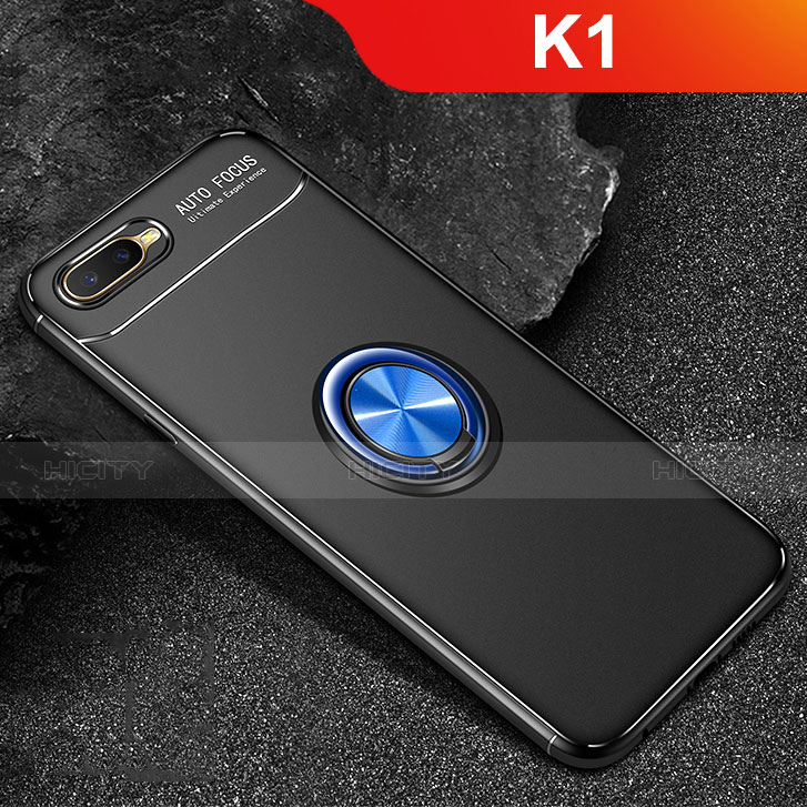 Funda Silicona Carcasa Ultrafina Goma con Magnetico Anillo de dedo Soporte A02 para Oppo K1 Azul y Negro