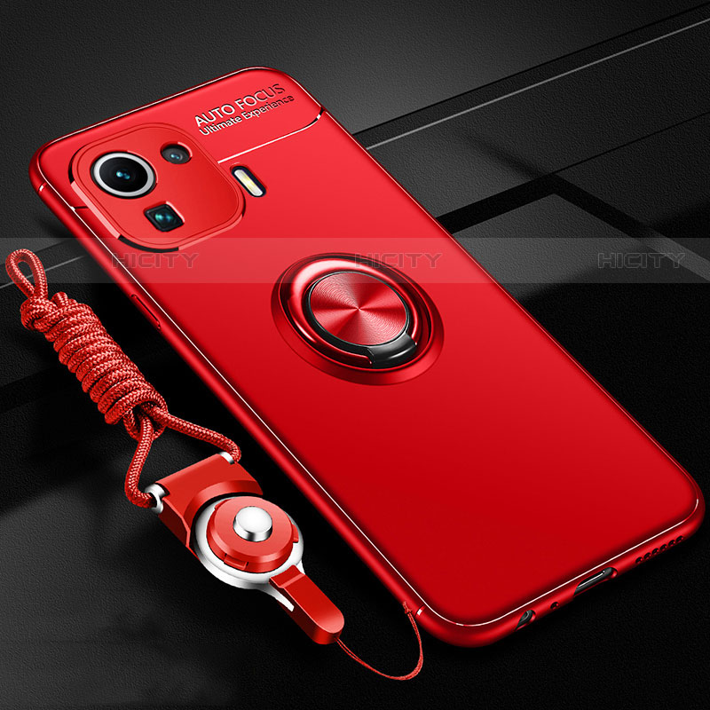 Funda Silicona Carcasa Ultrafina Goma con Magnetico Anillo de dedo Soporte A02 para Xiaomi Mi 11 Pro 5G Rojo