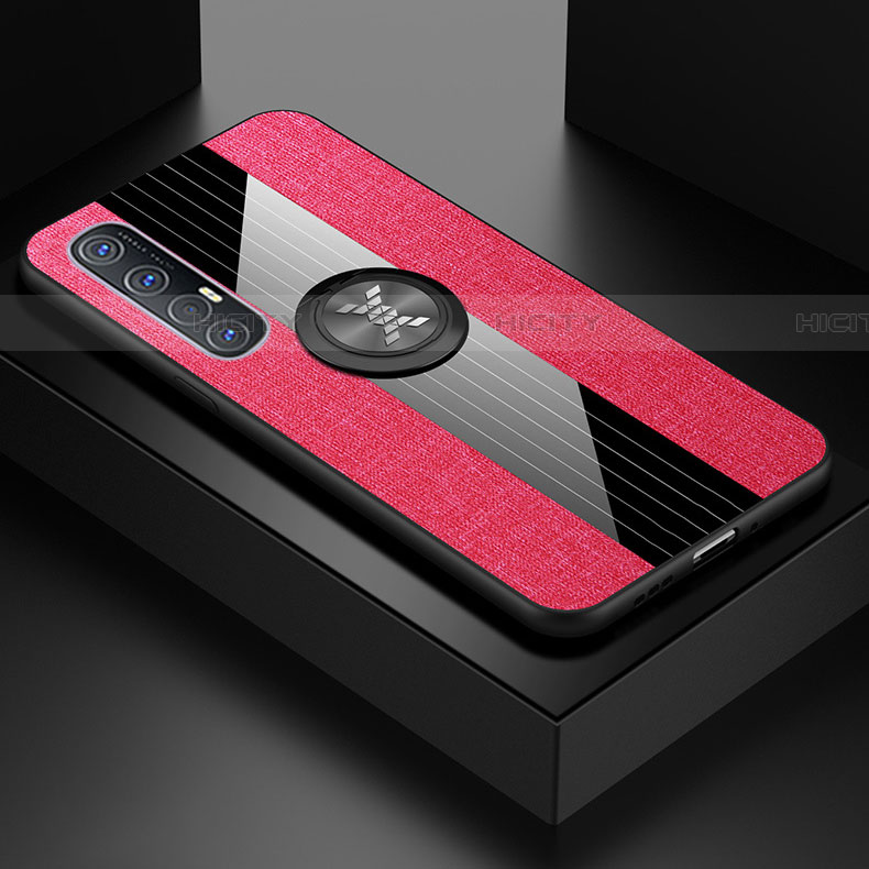 Funda Silicona Carcasa Ultrafina Goma con Magnetico Anillo de dedo Soporte A03 para Oppo Reno3 Pro Rosa Roja