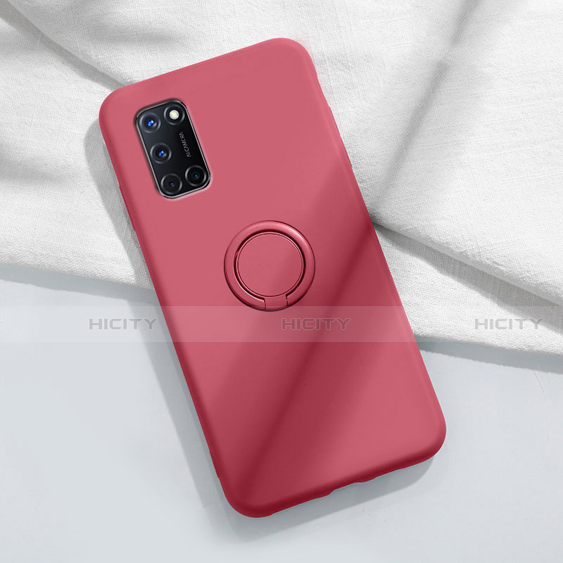 Funda Silicona Carcasa Ultrafina Goma con Magnetico Anillo de dedo Soporte A04 para Oppo A52 Rojo Rosa