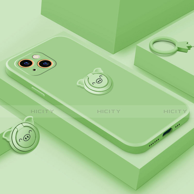 Funda Silicona Carcasa Ultrafina Goma con Magnetico Anillo de dedo Soporte A07 para Apple iPhone 15 Verde