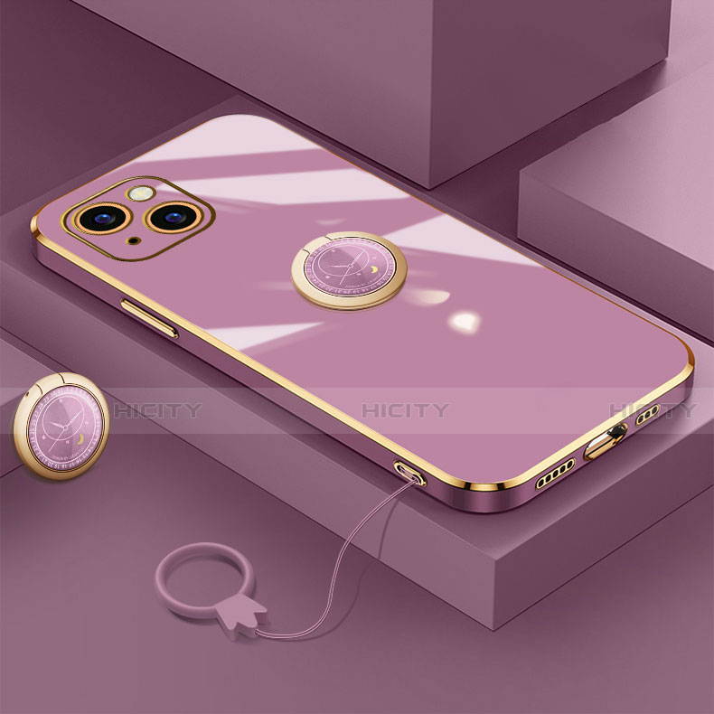 Funda Silicona Carcasa Ultrafina Goma con Magnetico Anillo de dedo Soporte A08 para Apple iPhone 13 Morado