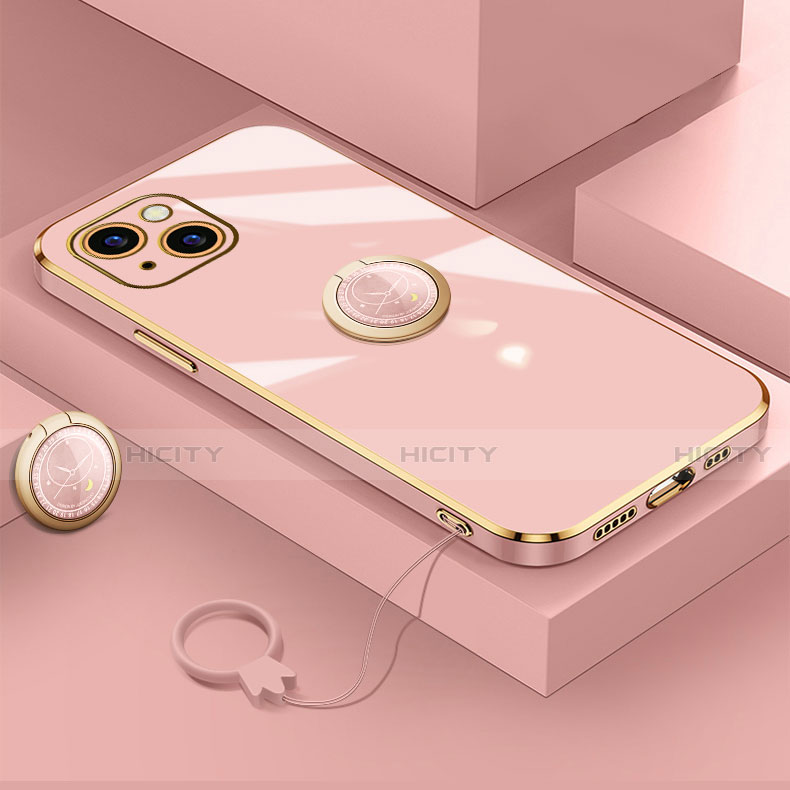 Funda Silicona Carcasa Ultrafina Goma con Magnetico Anillo de dedo Soporte A08 para Apple iPhone 14 Oro Rosa