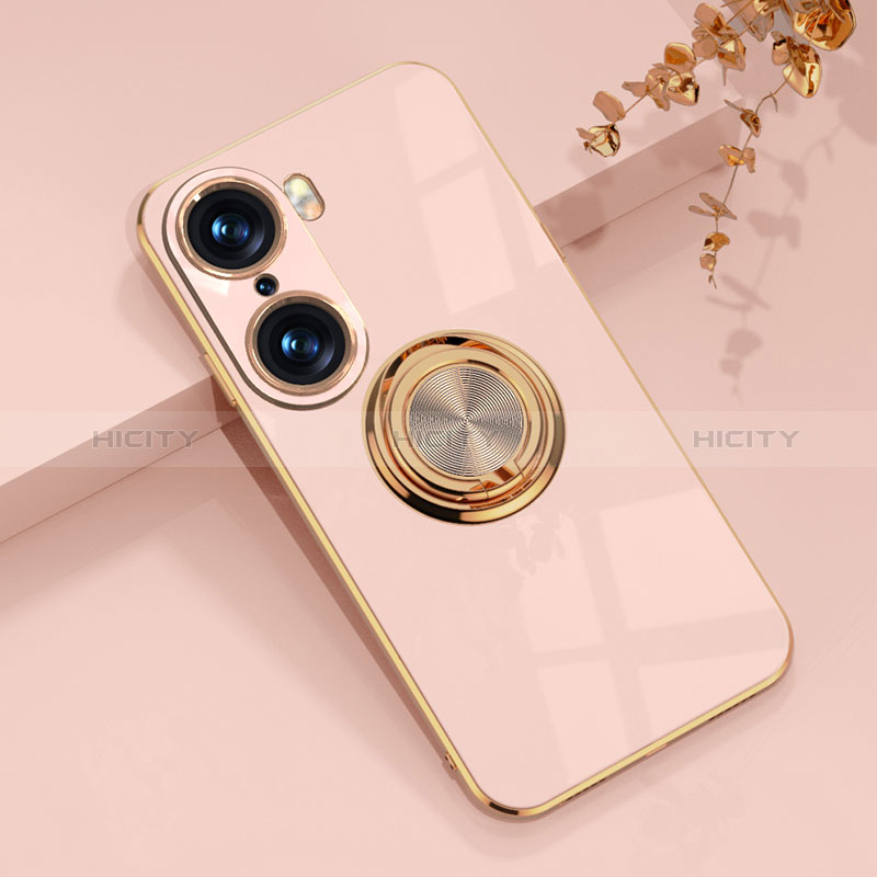 Funda Silicona Carcasa Ultrafina Goma con Magnetico Anillo de dedo Soporte AN1 para Huawei Honor 60 Pro 5G Oro Rosa